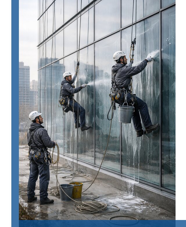 Промышленная мойка панорамных окон на высоте в Кумертау