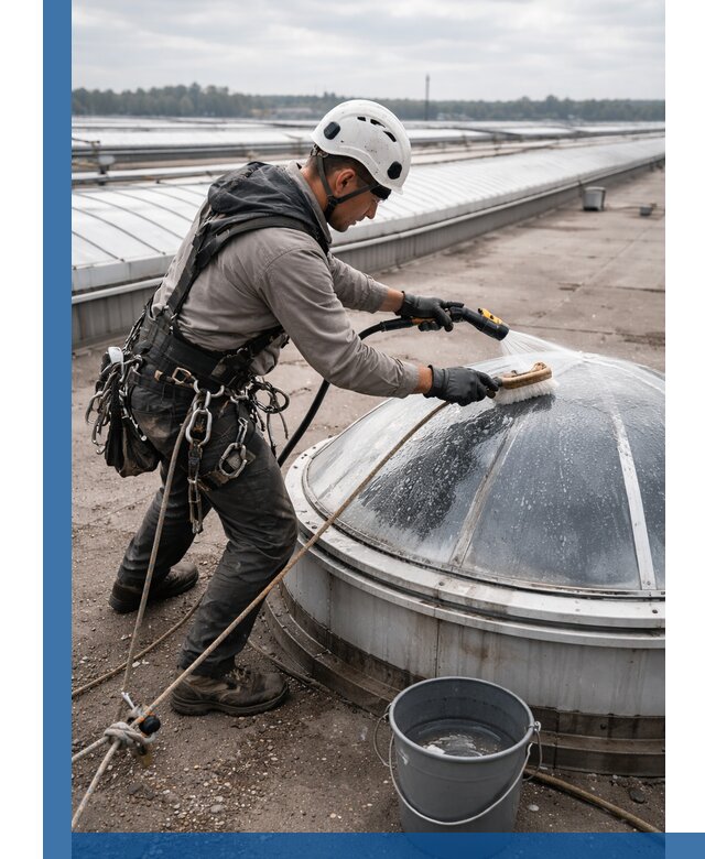 Мойка зенитных фонарей на кровле для промышленных объектов в Кумертау