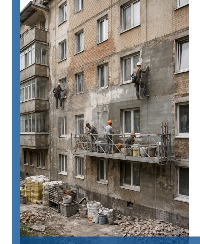 Капитальный ремонт фасада в Кумертау с восстановлением и гидроизоляцией