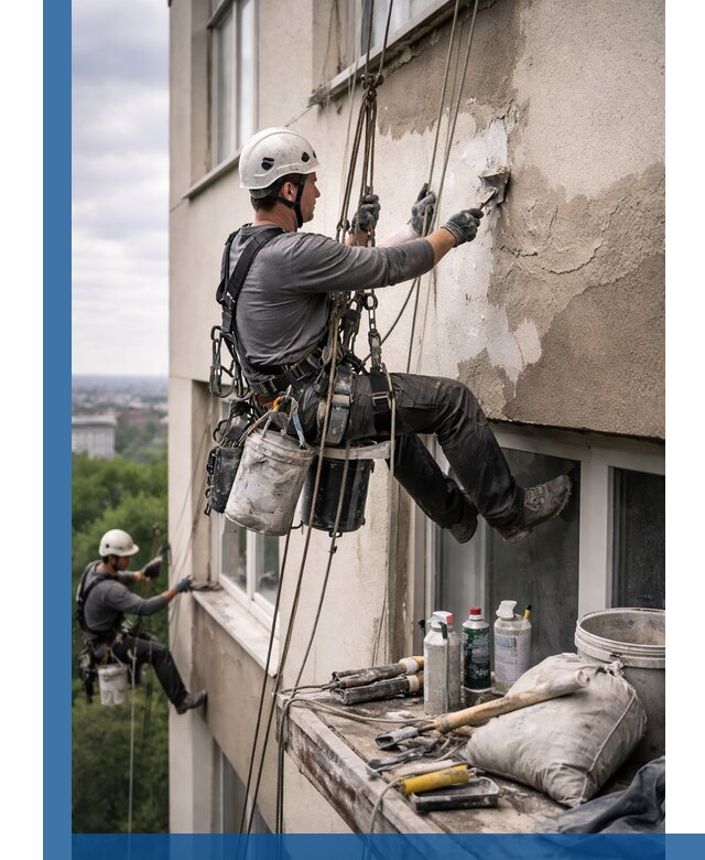 Косметический ремонт фасада зданий в Кумертау промышленными альпинистами