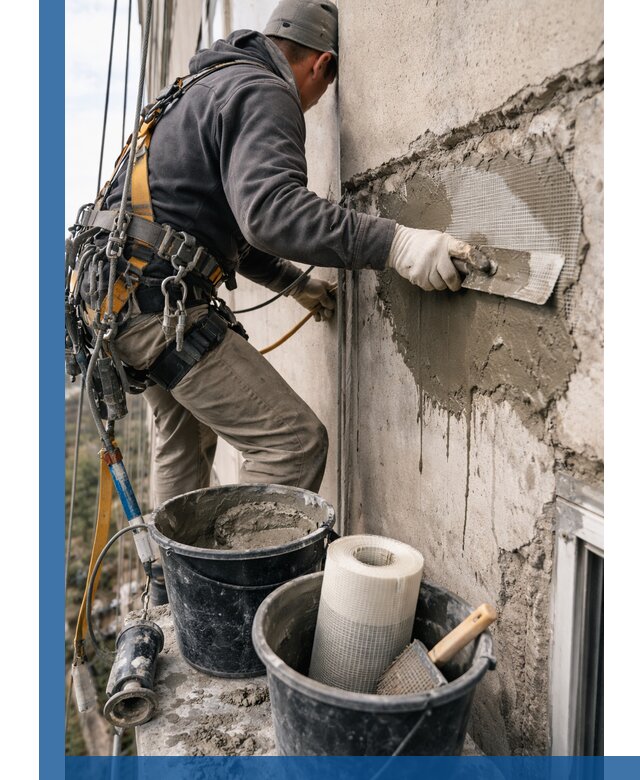 Ремонт бетонных элементов фасада промышленными альпинистами в Кумертау