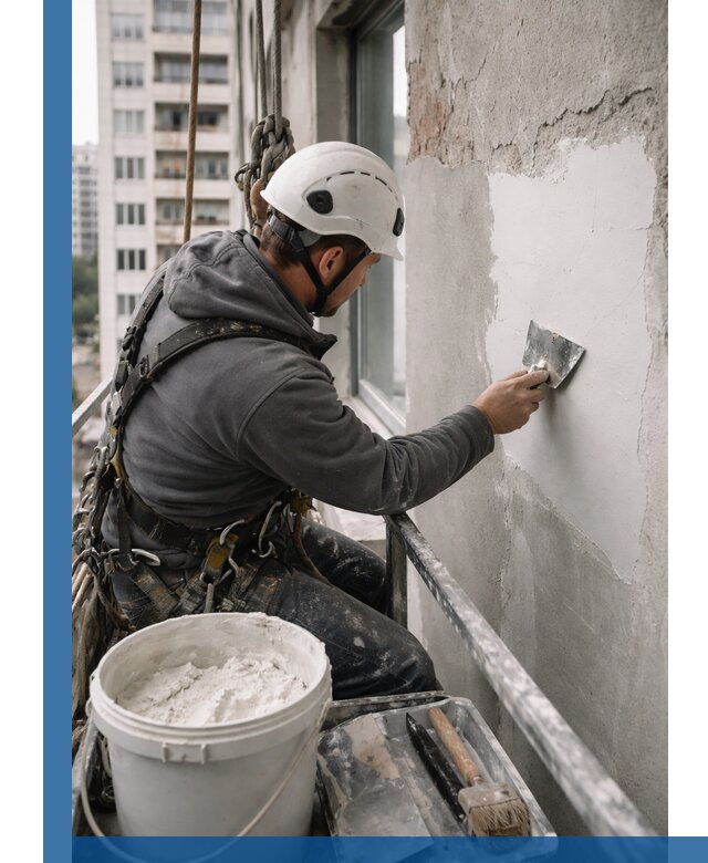 Шпаклевка фасадов на высоте с промальпинистами в Кумертау