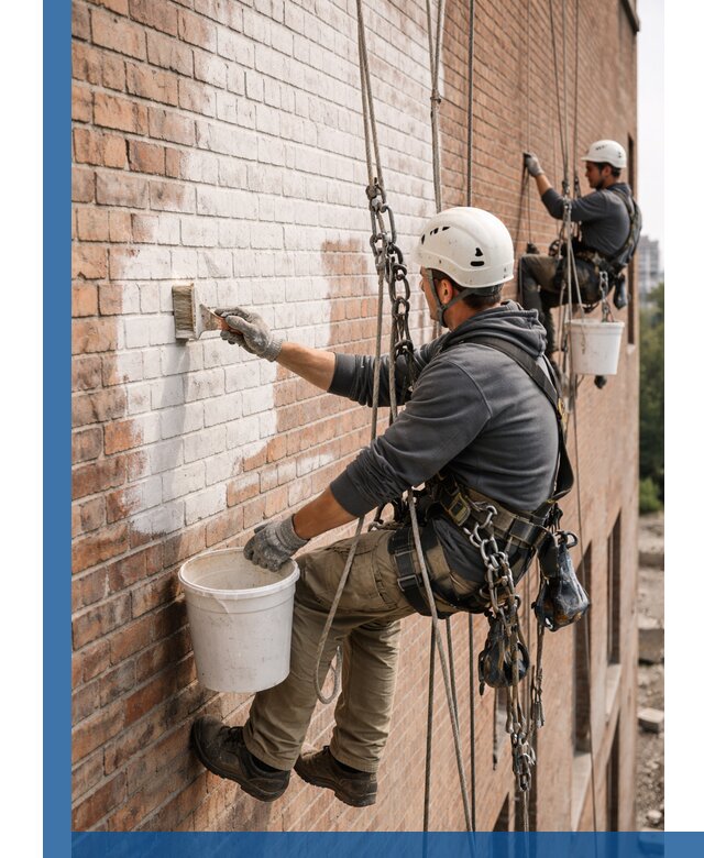 Покраска кирпичного фасада с доступным альпинистским сервисом в Кумертау