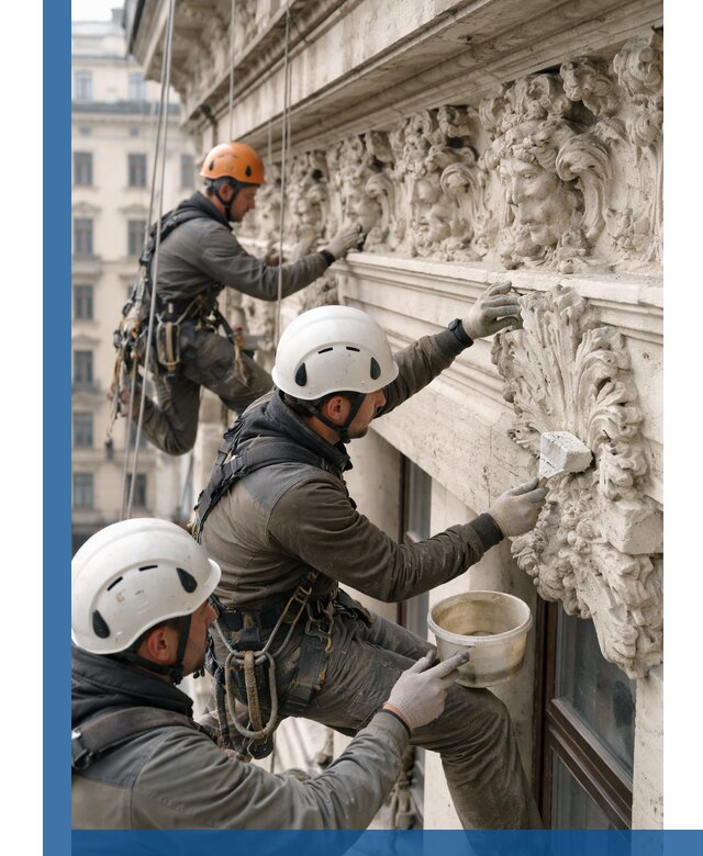 Реставрация фасадной лепнины с высотными работами в Кумертау