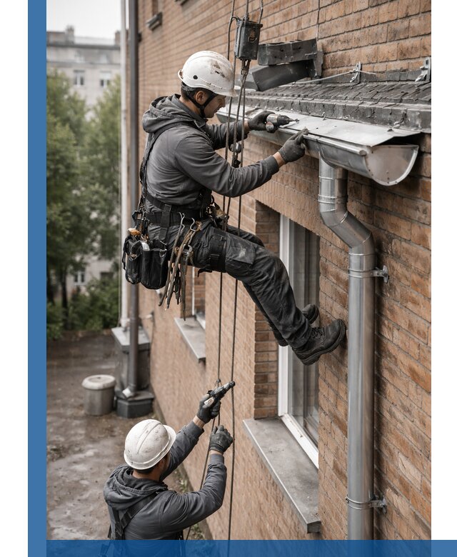 Монтаж водосточной системы на здании в Кумертау под ключ