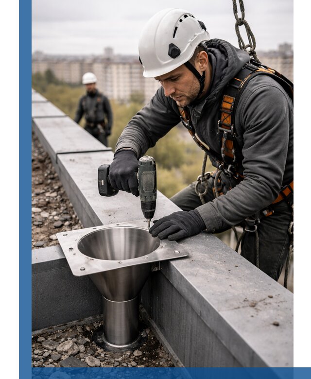 Монтаж водосточных воронок в Кумертау для промышленных зданий