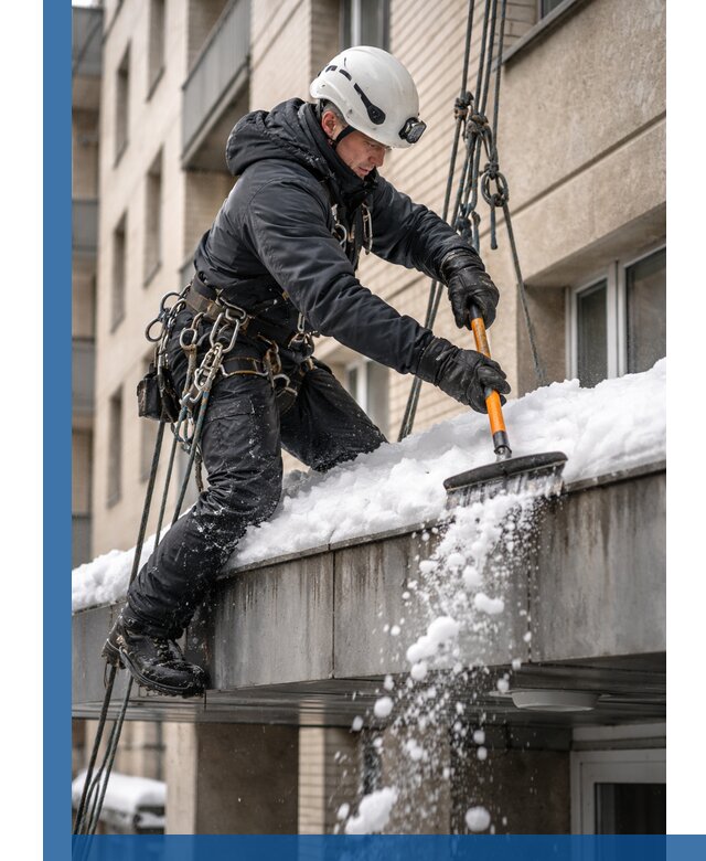 Очистка козырьков от снега в Кумертау круглогодично безопасно