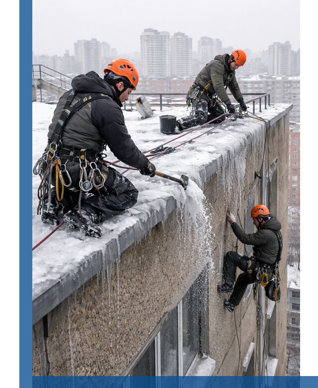 Удаление наледи с кровли в Кумертау промышленными альпинистами