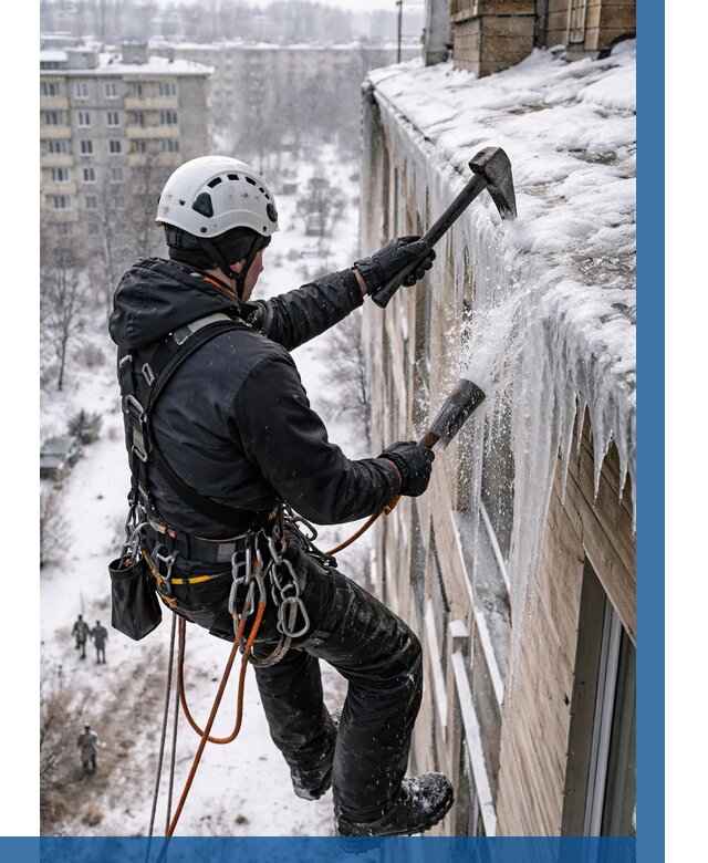 Сбивание сосулек с крыши в Кумертау по цене от 4594 р. | ВЫСОТНИК-Кра