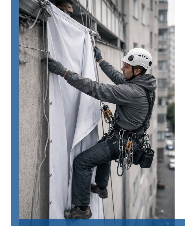 Замена баннерного полотна промышленными альпинистами в Кумертау
