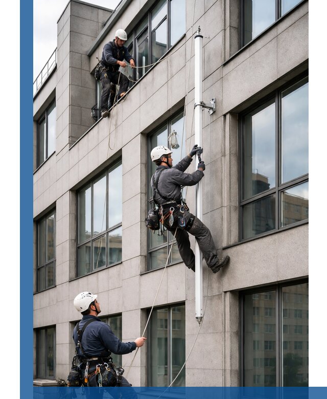 Монтаж флагштока на фасаде здания с креплением и герметикой в Кумертау