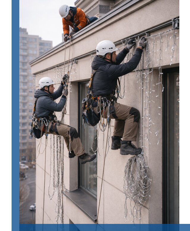 Монтаж праздничных гирлянд на фасаде в Кумертау для зданий