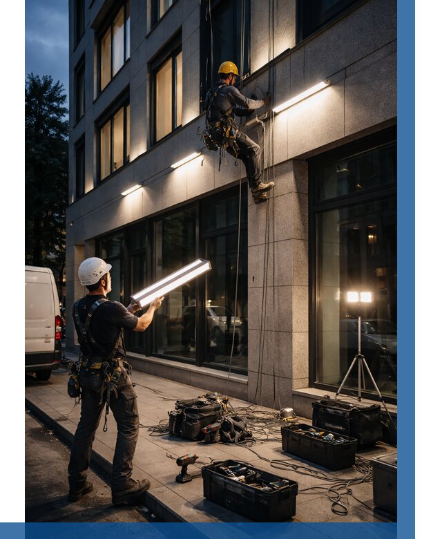 Монтаж архитектурной подсветки здания в Кумертау от 2552 р.|ВЫСОТНИК-Кра