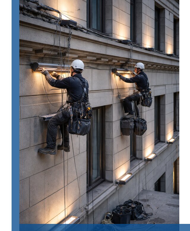 Монтаж архитектурной подсветки фасадов зданий в Кумертау