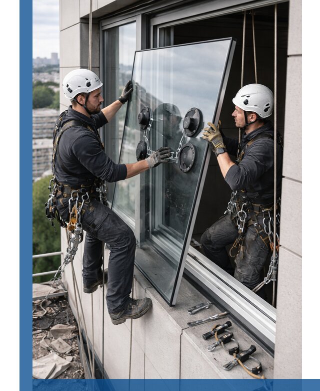 Замена стеклопакетов на высоте с промышленными альпинистами в Кумертау