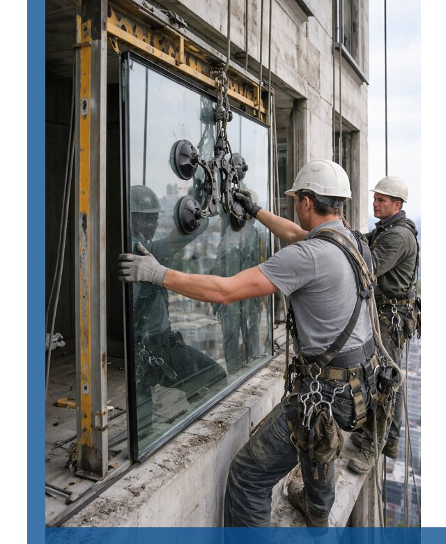 Монтаж стеклопакетов на высоте в Кумертау с промышленным альпинизмом