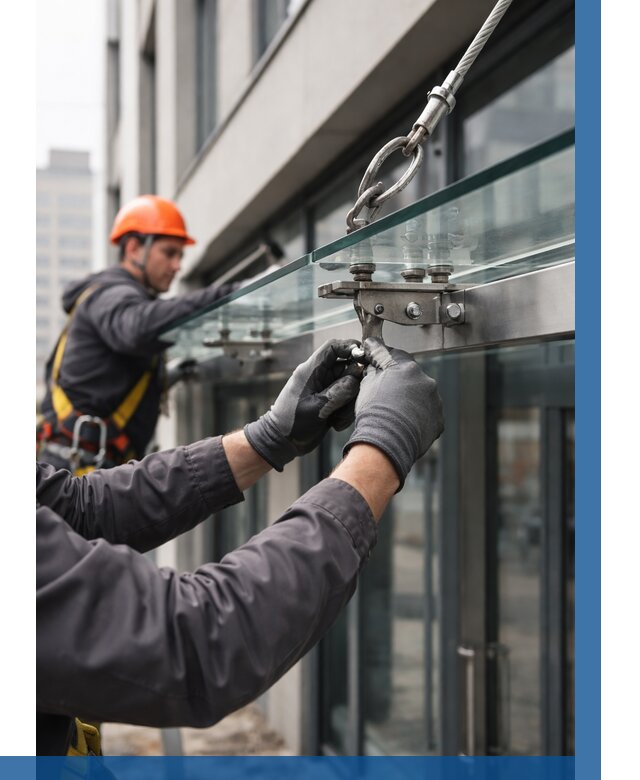 Монтаж стеклянных козырьков в Кумертау от 8678 р. | ВЫСОТНИК-Кра