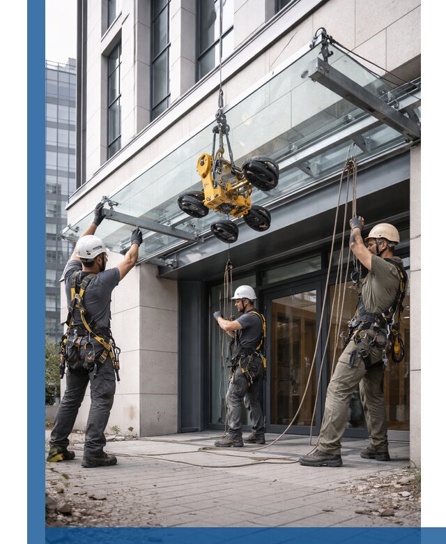 Монтаж стеклянных козырьков под ключ в Кумертау для зданий