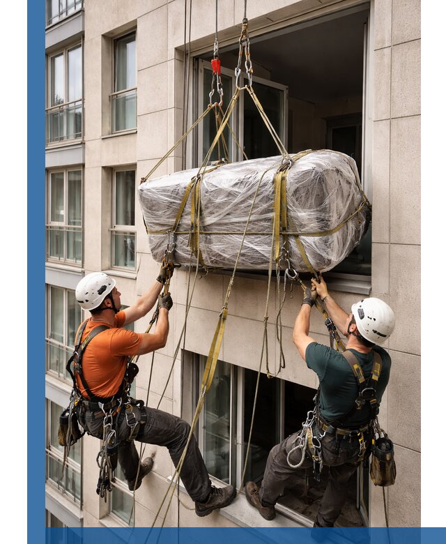 Подъем грузов через окно в Кумертау промышленными альпинистами