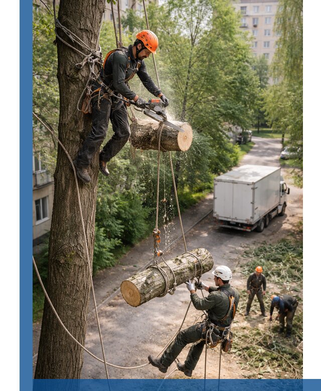 Спил деревьев альпинистами в Кумертау, безопасно и без повреждений
