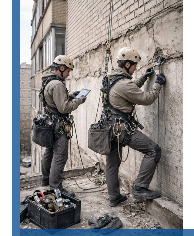 Обследование фасада промышленными альпинистами в Кумертау